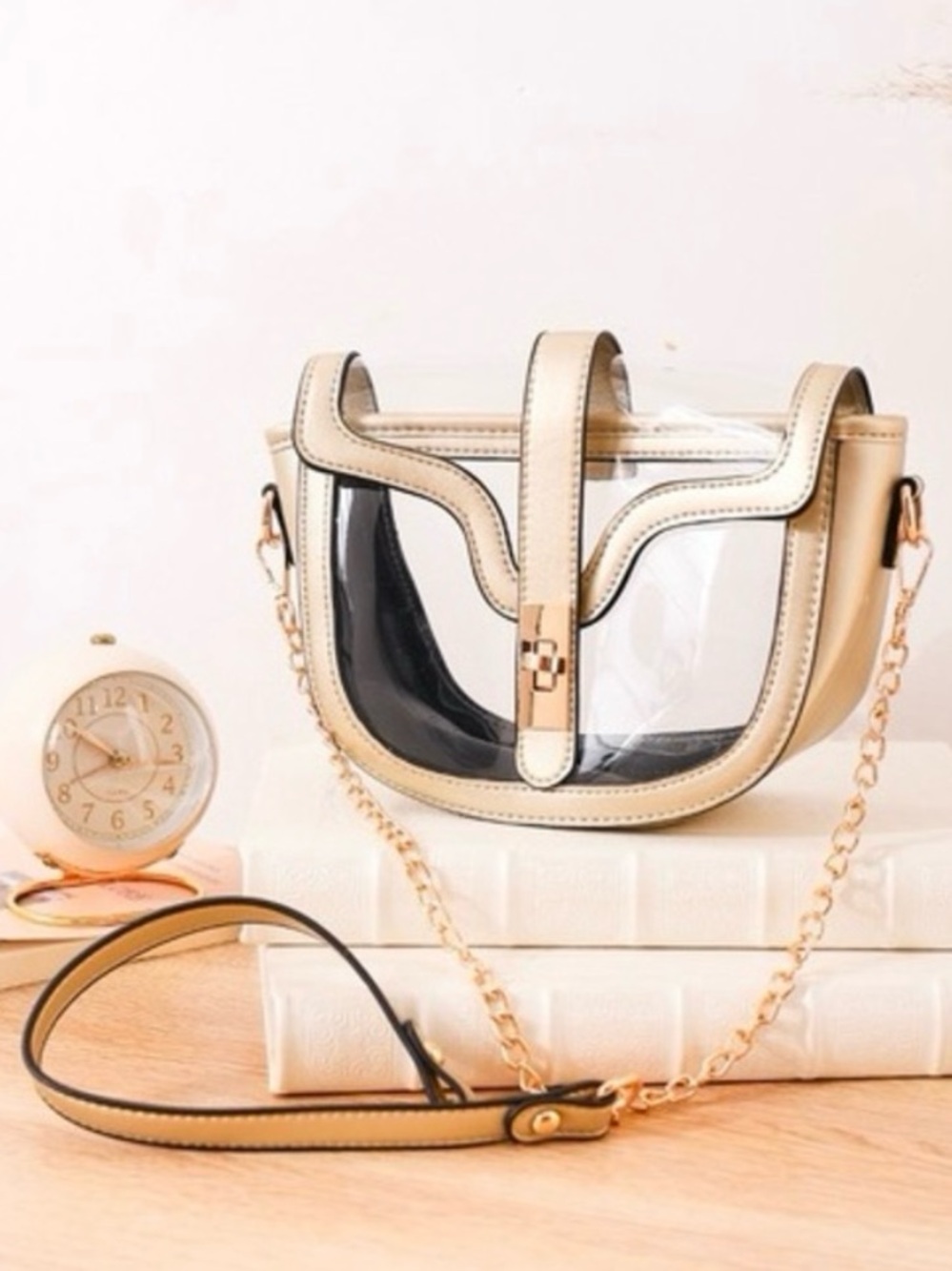 Zenana Outfitters Clear Transparent Saddle Bag Purse, Gold w/ Chain Crossbody